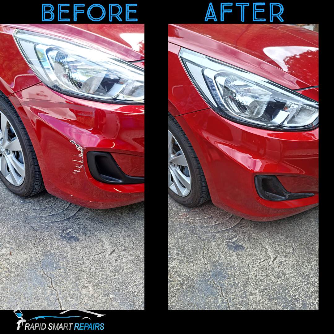 Before and after front bumper scratch repair on a red Hyundai