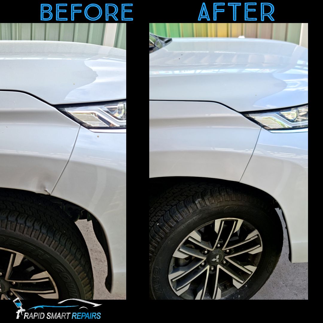 Before and after front guard dent repair on a white Mitsubishi