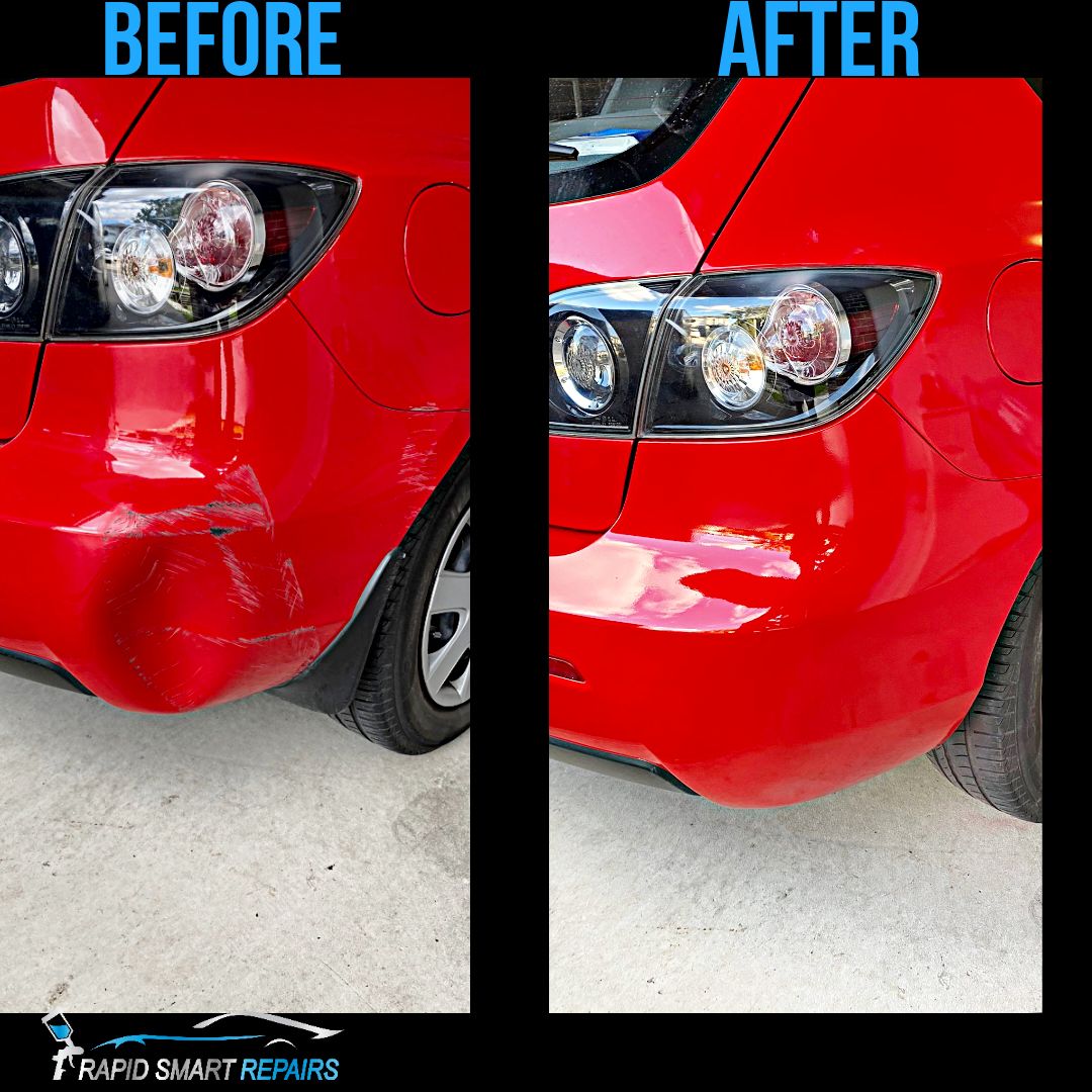 Before and after rear bumper dent repair on a red Mazda