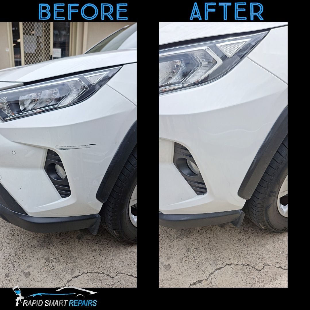 Before and after front bumper scratch repair on a white Toyota RAV4